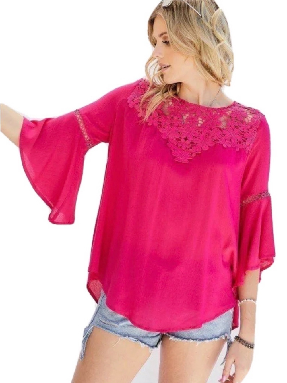 Women’s Fuchsia Crochet-Yoke Bell Sleeve Top